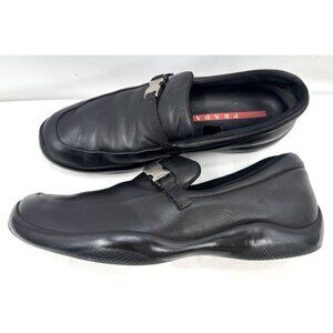 Prada Black Leather Logo Buckle Loafers Sport Shoes Men's Sz 39